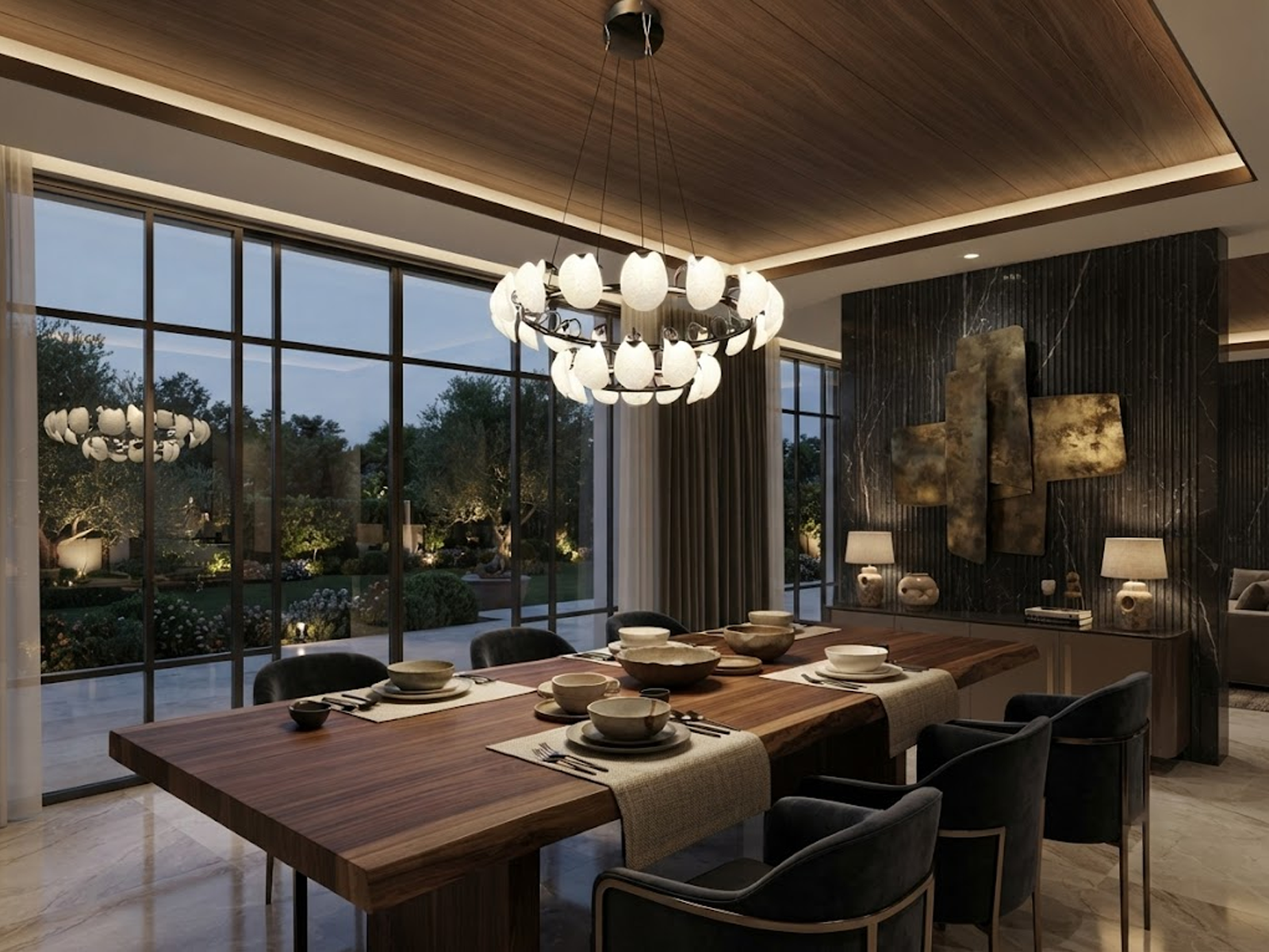 Two-tier leaf-vein halo ring LED chandelier with chrome steel frame hanging in a modern luxury living room above a grey leather sofa