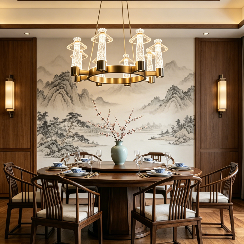Carved crystal ring chandelier with brushed brass stainless steel frame suspended over a marble dining table in a luxury dining room