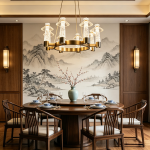 Carved crystal ring chandelier with brushed brass stainless steel frame suspended over a marble dining table in a luxury dining room