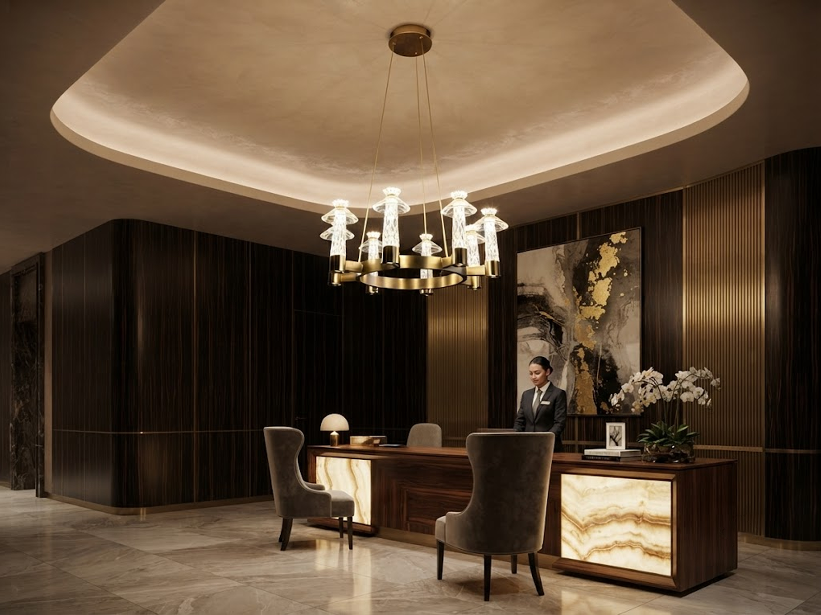 Carved crystal ring chandelier with brushed brass stainless steel frame