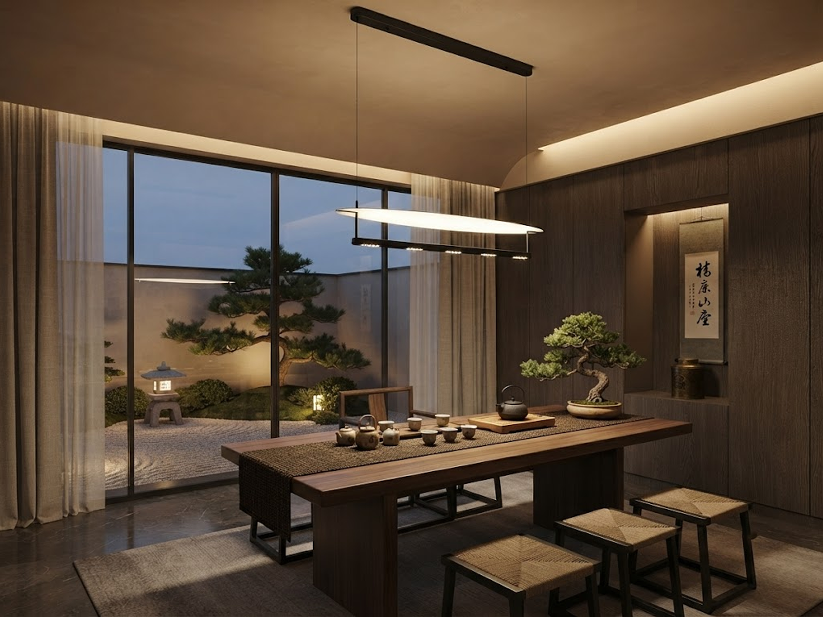 Minimalist 1200mm First Light series linear LED pendant light in tactile grey and sand black hanging over a modern dining desk