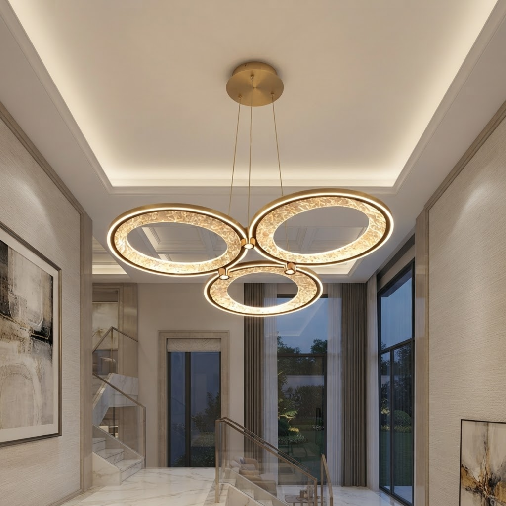 Modern 3-ring champagne gold aluminum LED chandelier with textured foil reflector rings and matching aluminum ceiling canopy