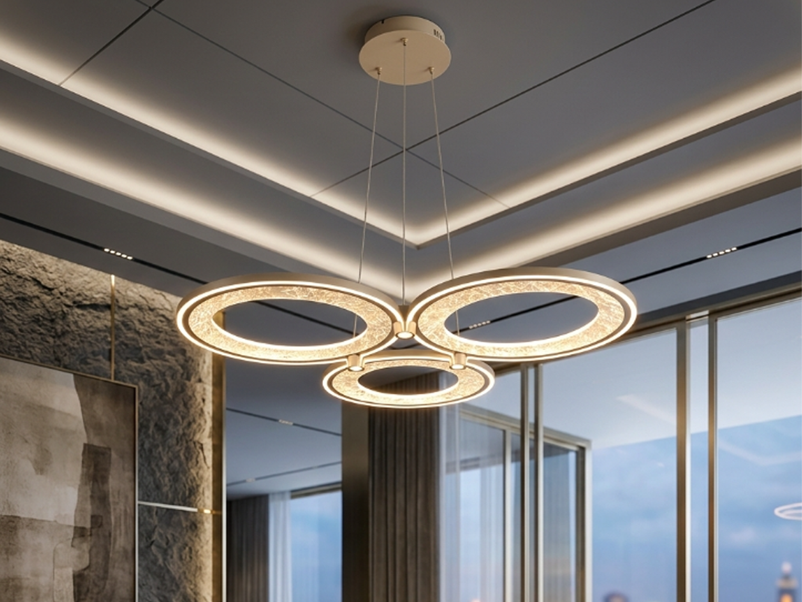 3-ring champagne gold aluminum LED chandelier with textured foil reflector rings and matching aluminum ceiling canopy