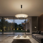 Modern eclipse circular ring aluminum LED pendant light with matte black ring and glowing aluminum reflector disc against grey background