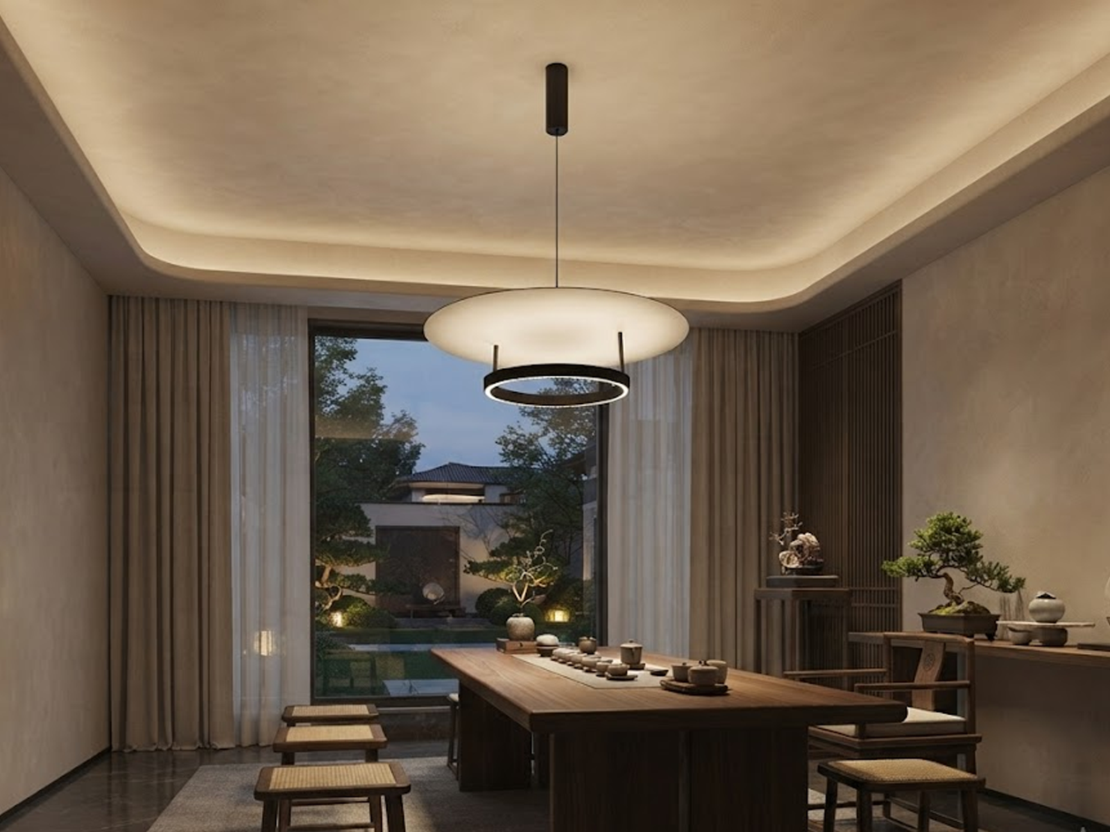 Modern eclipse circular ring aluminum LED pendant light with matte black ring and glowing aluminum reflector disc against grey background