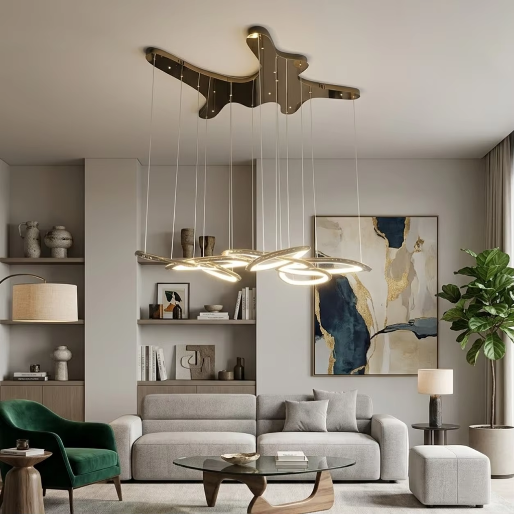 Luxury modern gold branching pendant light from Nianled, featuring interlocking organic loops of zinc alloy and sparkling crushed acrylic