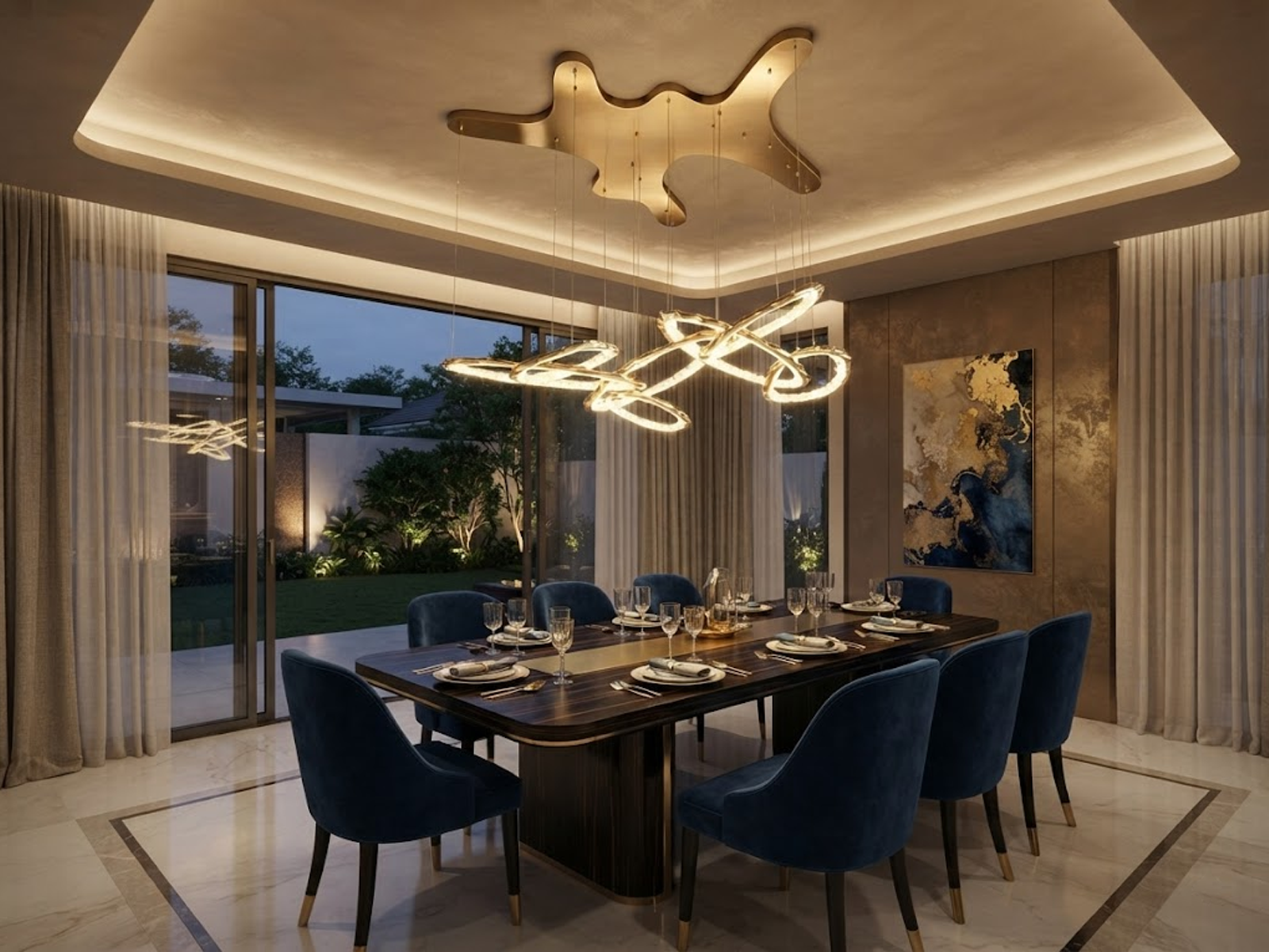 Upward view of modern gold ribbon LED chandelier suspended from matching organic shaped canopy with multi-loop wave design