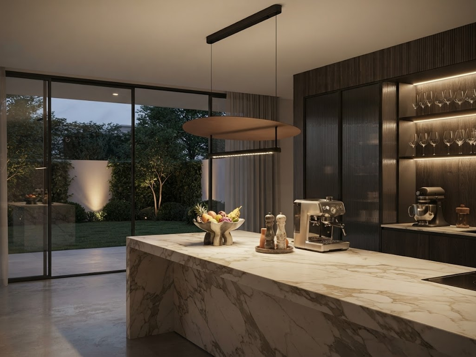 Warm halo lighting effect from linear aluminum LED bar reflecting off a bronze aluminum disc in a dark room